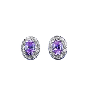 Elegant oval purple zircon stud earrings with white crystal halo in silver-tone setting