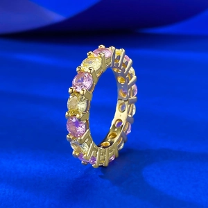 Bague éternité en argent S925 doré avec pierres précieuses rondes roses et jaunes