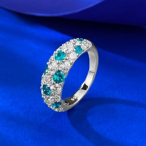 S925 sterling silver band ring featuring blue and white round-cut pave-set crystals