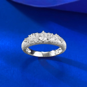 Macro shot of silver ring featuring brushed metal texture and sparkling zircon stones