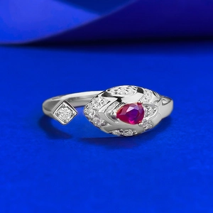 S925 silver open ring featuring pear-cut red gemstone and small white diamonds decoration