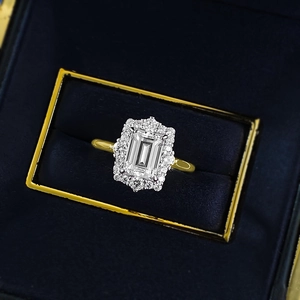 Luxury S925 silver ring with emerald cut white zircon in a premium gold finish