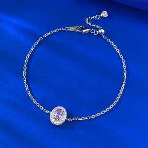 925 Sterling Silver Bracelet For Women Elegant Oval Purple Rhinestone Pigeon Egg Halo Adjustable Link Chain Jewelry