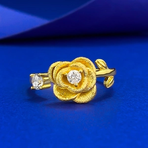 Luxury 925 Sterling Silver Rose Flower Ring For Women Brushed Gold Plated Rhinestone Inlaid Fashion Jewelry Niche Finger Ring