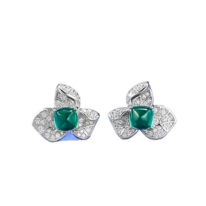 Boucles d'oreilles fleurs en argent S925 avec pierres vertes carrées et diamants