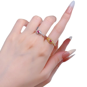 Luxurious S925 silver snake open rings with red gemstones in gold and silver finishes