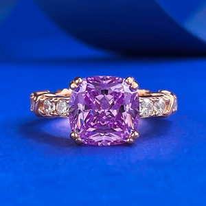 925 Sterling Silver Rose Gold Plated Lavender Purple Rhinestone Ring Geometric Cushion Cut Fashion Jewelry For Women Wedding Party Gift