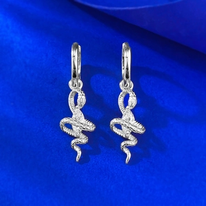 Elegant S925 silver snake earrings with marquise diamond details on deep blue background