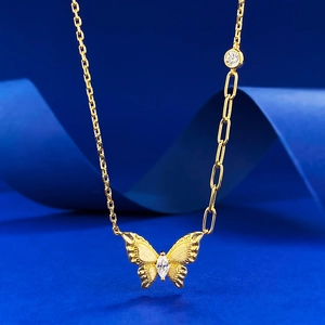 Vintage 925 Sterling Silver Butterfly Pendant Necklace Gold Plated Brushed Rhinestone Inlaid Asymmetrical Chain Jewelry