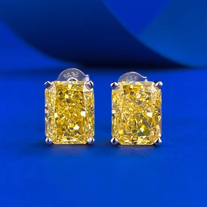 Gelbe Radiant-Schliff Carbon-Diamant Ohrstecker aus S925 Sterlingsilber mit Vier-Krallen-Fassung