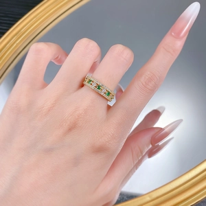 S925 silver eternity ring with green emerald-cut stones and white zircon pavé gold plated