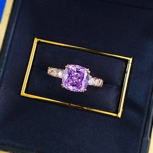 Luxurious S925 silver ring with cushion-cut lavender zircon and rose gold finish