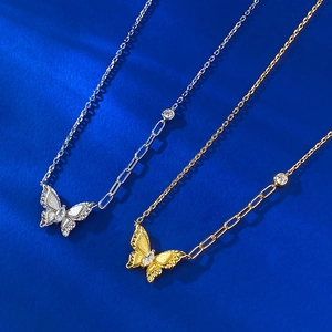 S925 sterling silver butterfly necklace with brushed texture and marquise cut crystal