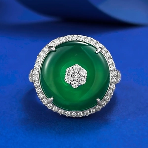 New Chinese Style 925 Sterling Silver Green Chalcedony Ring For Women Retro Geometric Inlaid Rhinestone Pingan Buckle Jewelry