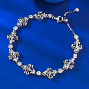 S925 Sterling Silver Fleur-De-Lis Bracelet For Women Vintage Palace Style Adjustable White Gold Plated Inlaid Rhinestone Bracelet Gift