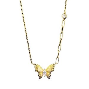 S925 gold-plated vintage butterfly necklace with brushed texture and asymmetric chain