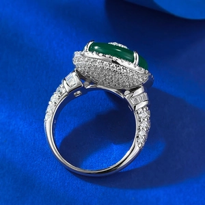 S925 silver ring with green chalcedony stone and sparkling zircon pavé setting