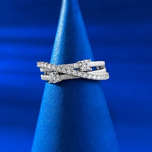 Detailed view of S925 silver triple-layered ring with brushed finish and inset crystals