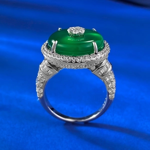 S925 sterling silver ring with oval green chalcedony and white zircon pavé setting
