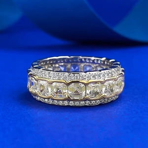 Luxury S925 Sterling Silver Eternity Band Ring For Women Yellow Square Rhinestone Two Tone Flower Inlaid Statement Jewelry