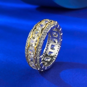 Three-row S925 sterling silver ring with yellow cushion cut stones and white accents