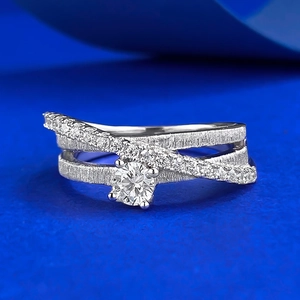 925 Sterling Silver Brushed Multi-layer Ring For Women Round Rhinestone Crossed Band Elegant Fashion Commuter Jewelry Gift