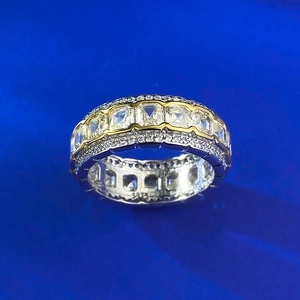 S925 sterling silver two-tone band ring with emerald cut and round cubic zirconia
