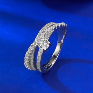 Elegant S925 sterling silver triple layer ring with brushed texture and zircon stones