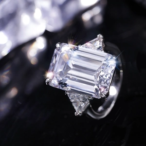 Macro shot of 10x14mm emerald cut crystal ring with side stones in polished silver
