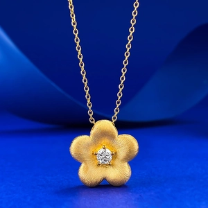 Collier Pendentif Fleur en Or Brossé en Argent Sterling 925 Strass Incrusté Bijoux Femme Style Chinois Élégant