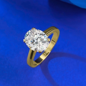 Elegant gold plated S925 silver ring with 4 carat oval cut cubic zirconia center stone