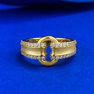 Vintage S925 Sterling Silver Gold Plated Brushed Ring For Women Pave Rhinestone Geometric Circle Buckle Finger Ring Jewelry