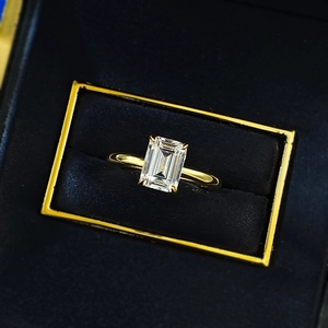 Gold plated S925 silver emerald cut square ring with clear stone in a velvet box