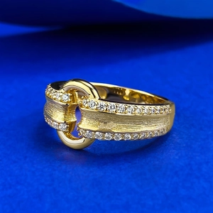 Vintage brushed gold ingot ring with S925 silver link buckle and pavé zircon edges