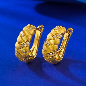 925 Sterling Silver Wheat Ear Woven Brushed Earrings Gold Plated Rhinestone Inlaid Hoop Earrings For Women Elegant Daily Jewelry