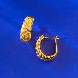 Textured S925 sterling silver gold plated wheat ear earrings with cubic zirconia stones