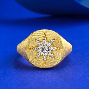 925 Sterlingsilber Vergoldet Gebürstet Siegelring Sternschliff Strass Eingelegt Minimalistisch Hexagramm Ring Für Damen