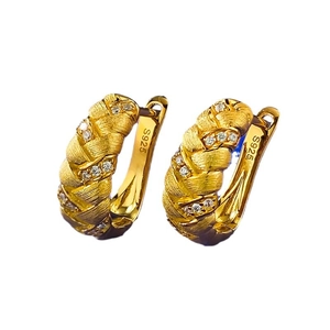 S925 sterling silver wheat pattern hoop earrings in gold with sparkling zircon accents