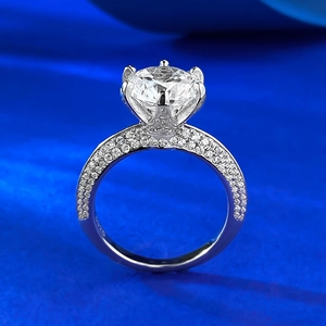 Bague de fiançailles couronne en argent S925 avec solitaire rond et anneau serti de pavés