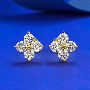 925 Sterling Silver Four-Leaf Clover Stud Earrings Gold Plated Rhinestone Inlaid Geometric Flower Earrings For Women Fashion Jewelry