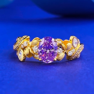 Bague Bourgeon de Fleur Violette en Argent Sterling 925 Élégante avec Strass Incrustés Plaquée Or Brossée pour Femme Bijoux de Mariage