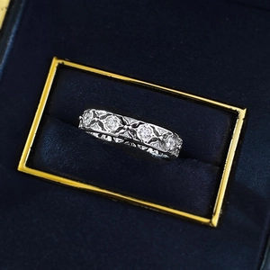 Lace lattice carved S925 silver ring with sparkling round stones in a gift box