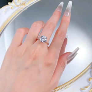 Classic silver ring with 10mm round ice cut diamond in a six-prong setting for women