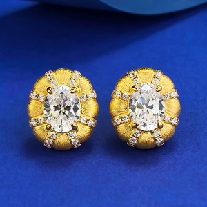 Luxury 925 Sterling Silver Gold Plated Rhinestone Stud Earrings For Women Vintage Brushed Texture Oval Stone Jewelry
