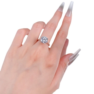Classic 10mm round-cut diamond simulant ring with six-prong setting on hand