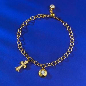 Braccialetto a Croce in Argento Sterling 925 per Donna Moda Semplice Placcato Oro Strass Intarsiato Catena Regolabile Gioielli Regalo