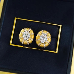 Retro S925 silver gold-plated brushed earrings with 1.5 carat oval gemstone