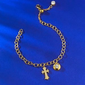 Bracciale in argento S925 placcato oro con ciondoli a croce e diamante su blu
