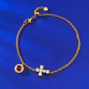 Bracelet Croix en Argent Sterling S925 et Cornaline Rouge pour Femme Plaqué Or Chaîne Ajustable avec Strass Bijoux Religieux Cadeau