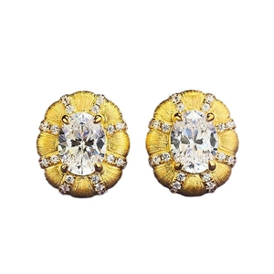 Luxurious S925 gold-plated earrings with brushed metal finish and oval gemstone center